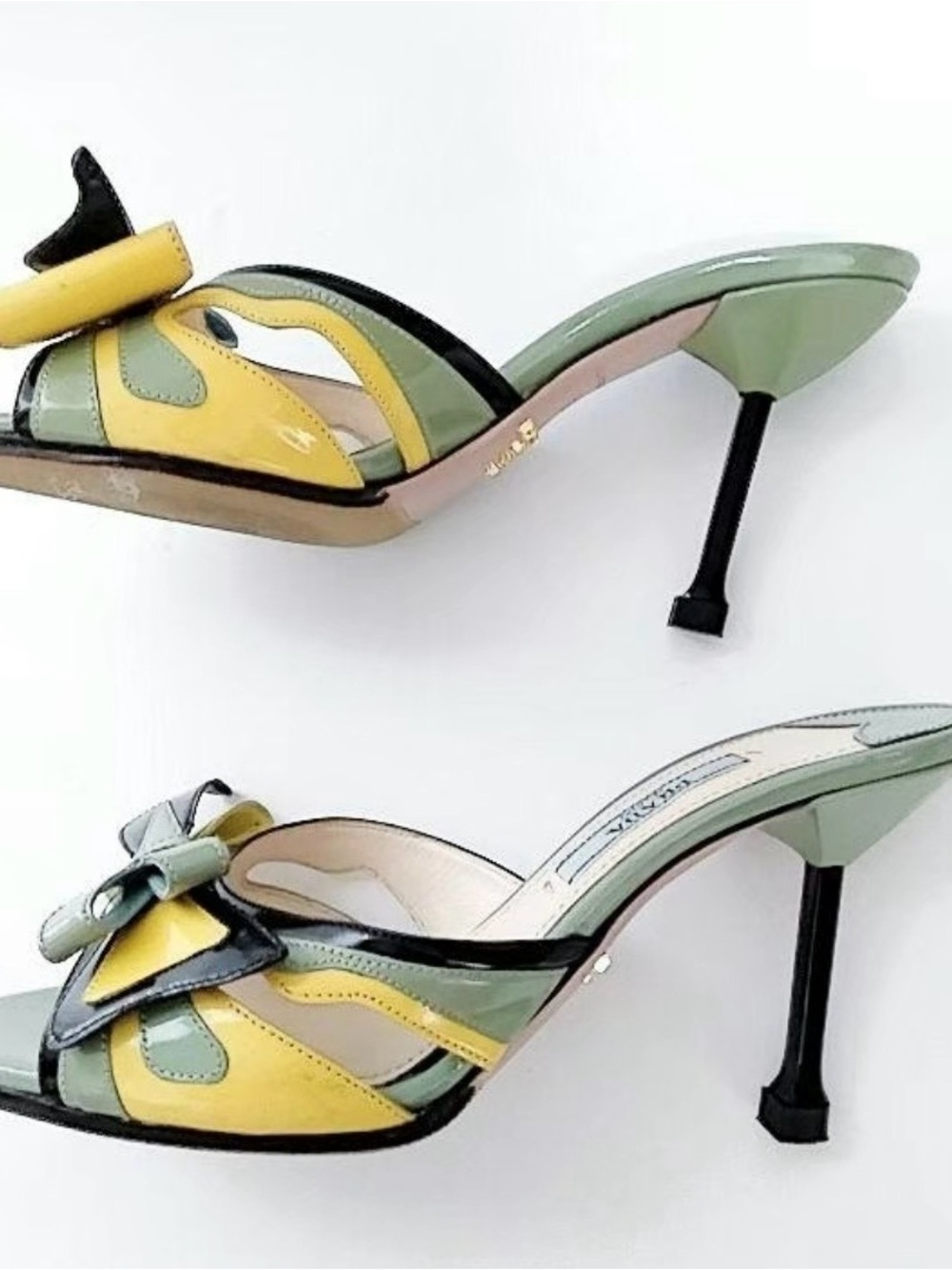 Prada Yellow and Green Patent Leather Bow Mules